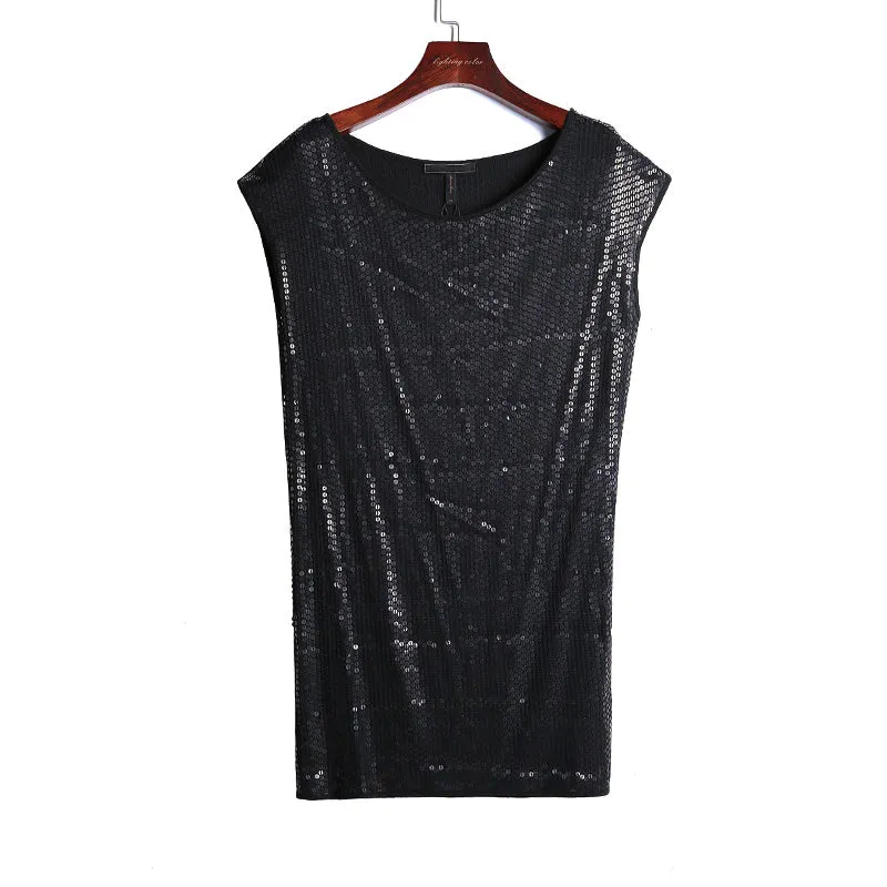 I720 Women Fully sequined jersey round neck sleeveless mini party dress