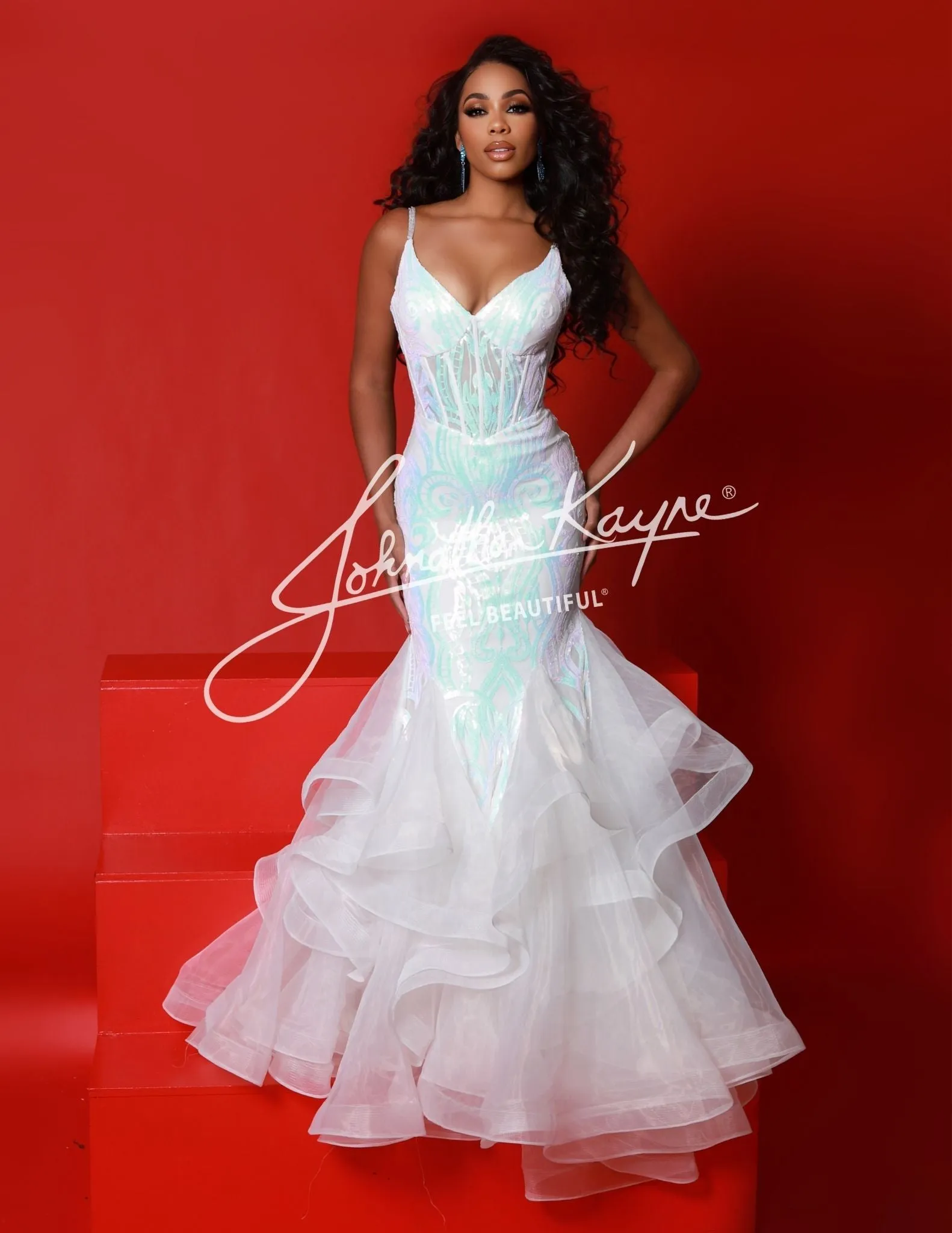 Johnathan Kayne 2835 Long Prom Dress Ruffle Mermaid Corset V Neck Formal Pageant Gown