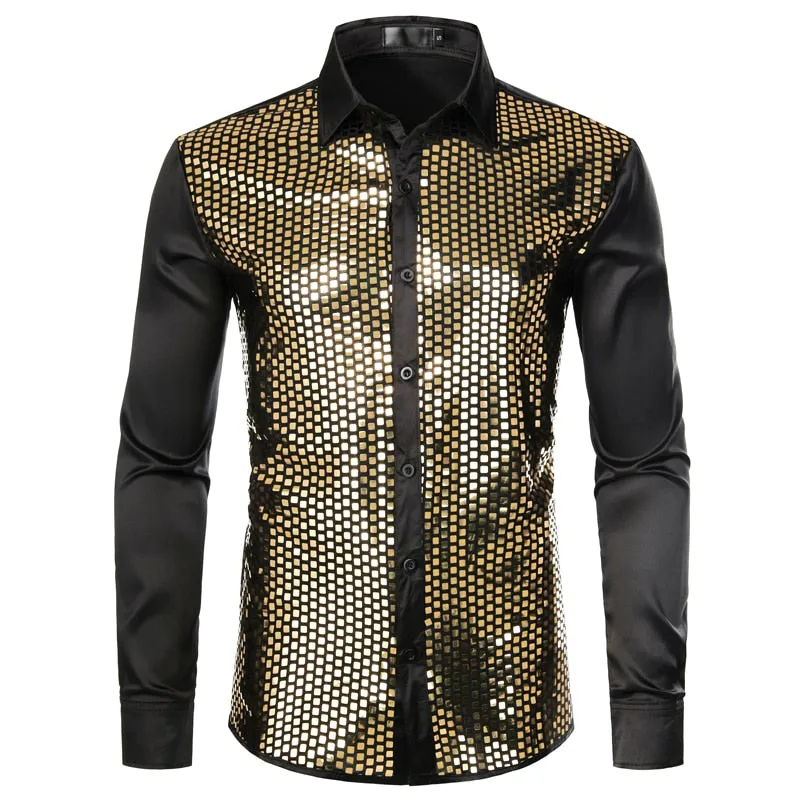 Lakis Gold Men Sequin Black Silk Dress Shirts