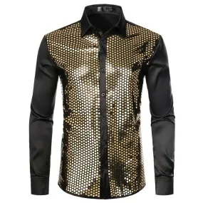Lakis Gold Men Sequin Black Silk Dress Shirts