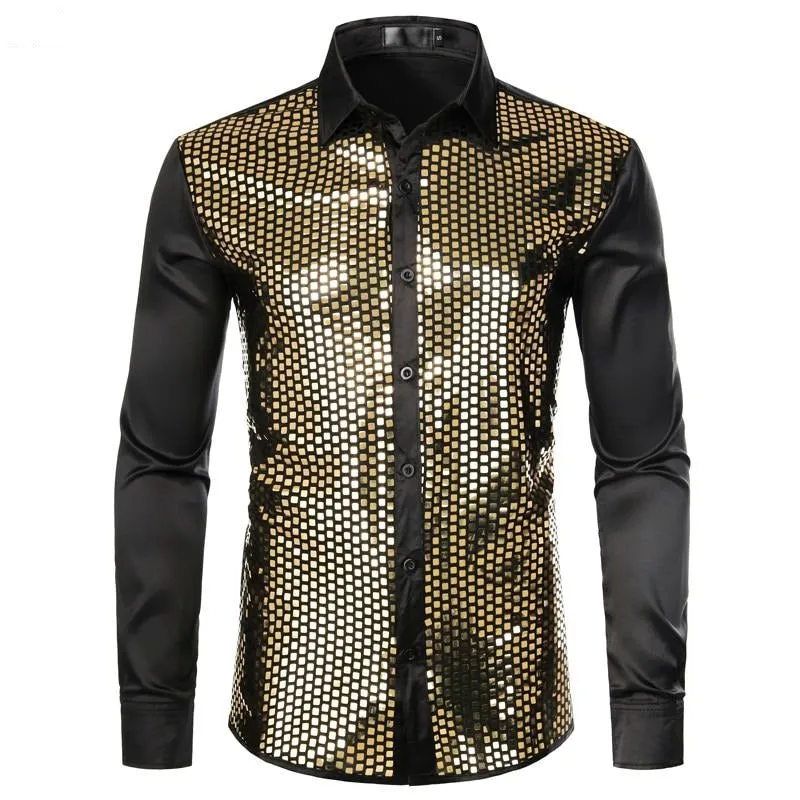 Lakis Gold Men Sequin Black Silk Dress Shirts