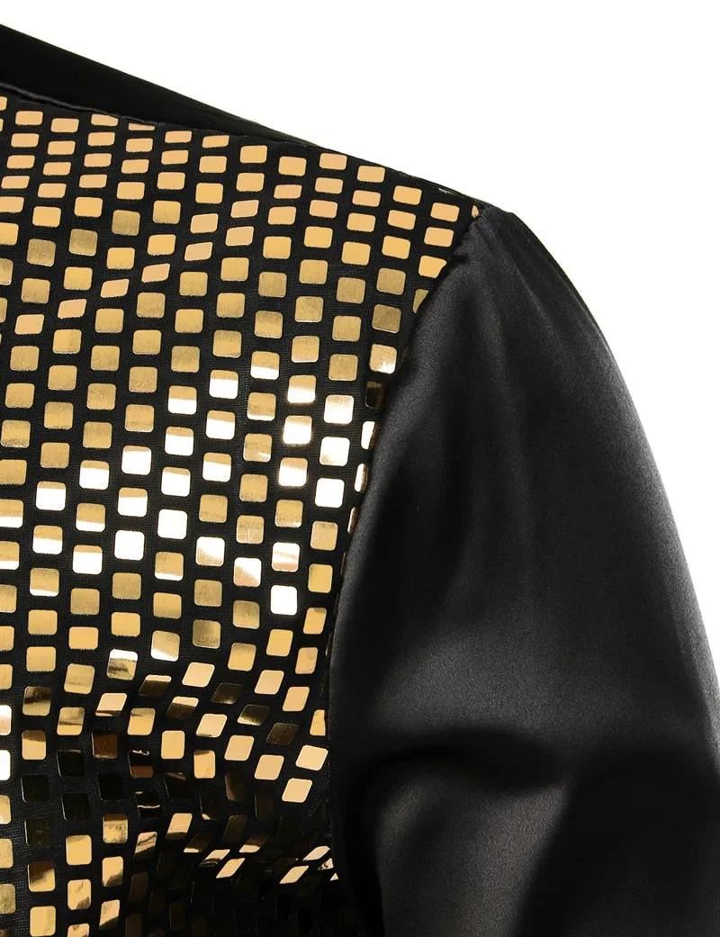 Lakis Gold Men Sequin Black Silk Dress Shirts