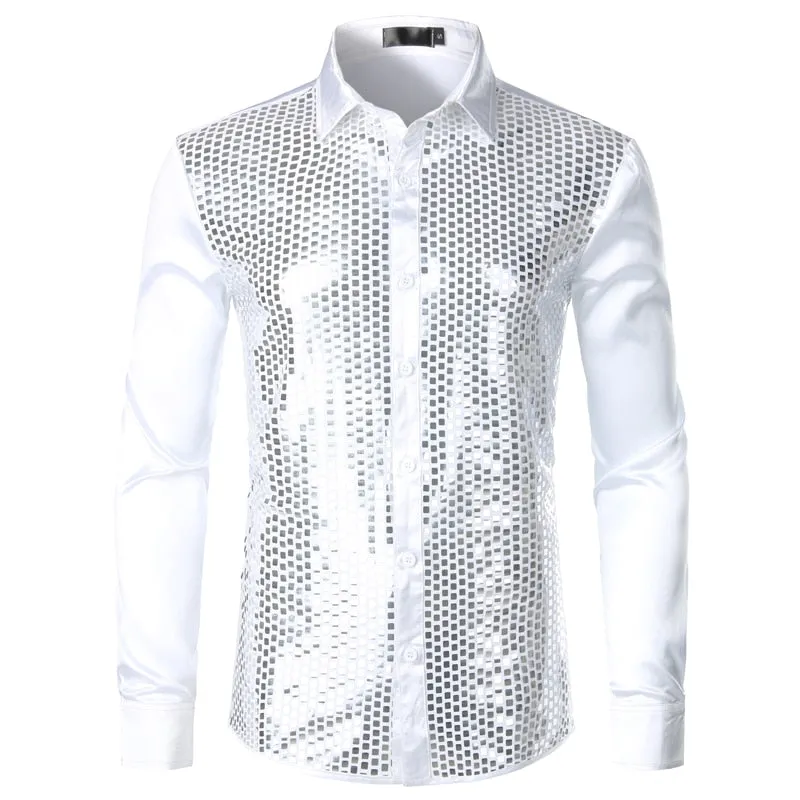 Lakis Gold Men Sequin Black Silk Dress Shirts