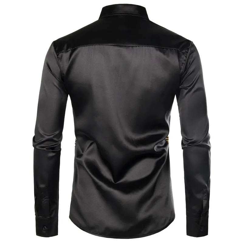 Lakis Gold Men Sequin Black Silk Dress Shirts