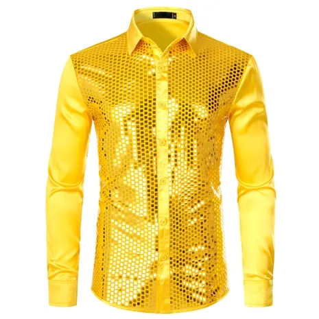 Lakis Gold Men Sequin Black Silk Dress Shirts