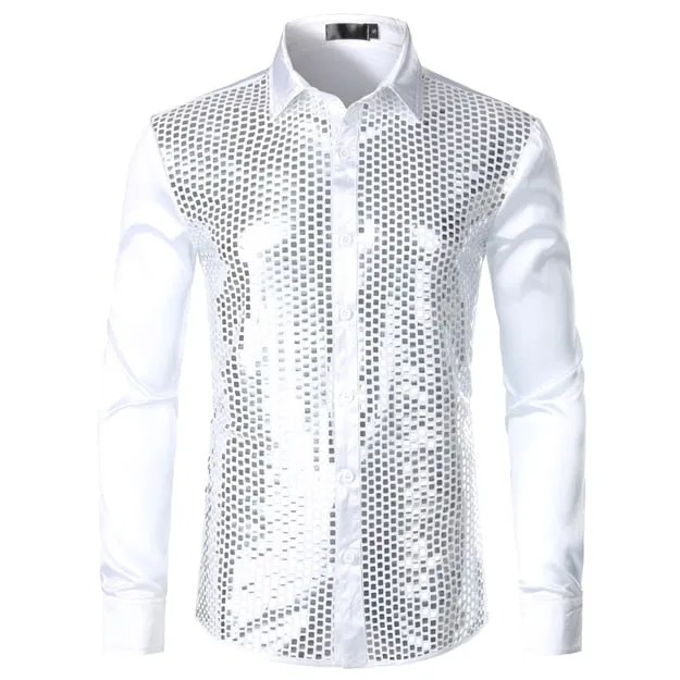 Lakis Gold Men Sequin Black Silk Dress Shirts