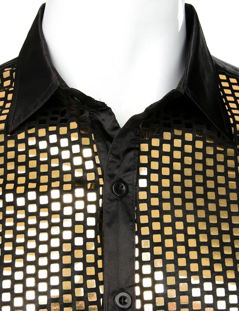 Lakis Gold Men Sequin Black Silk Dress Shirts