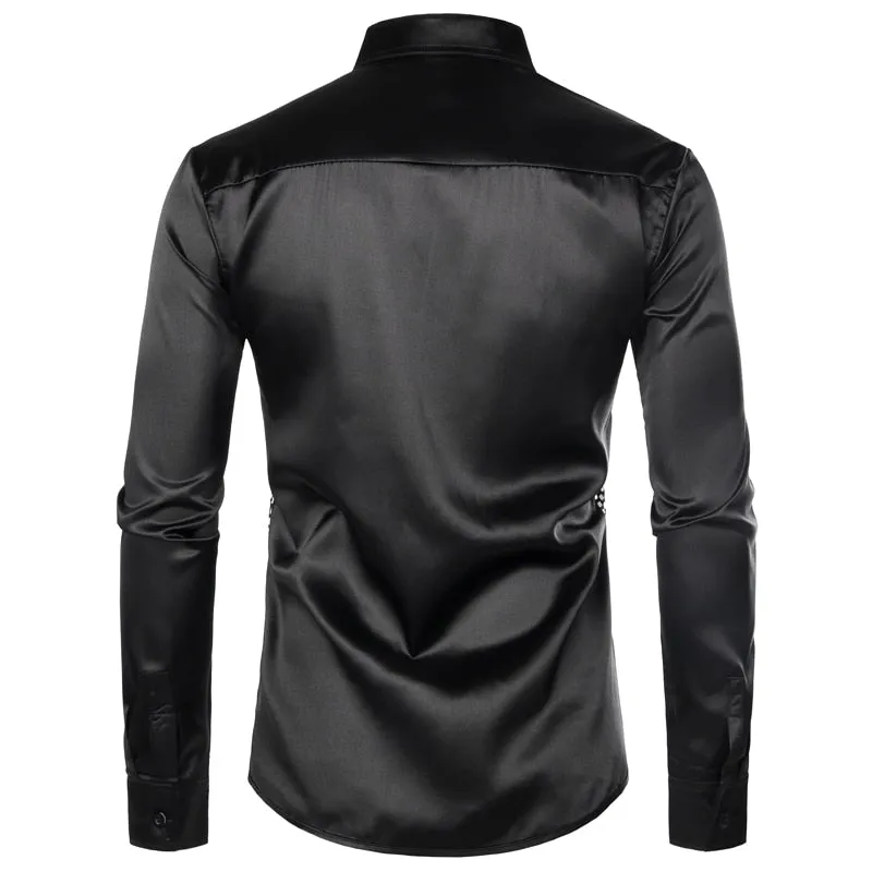 Lakis Gold Men Sequin Black Silk Dress Shirts