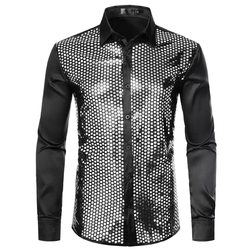Lakis Gold Men Sequin Black Silk Dress Shirts