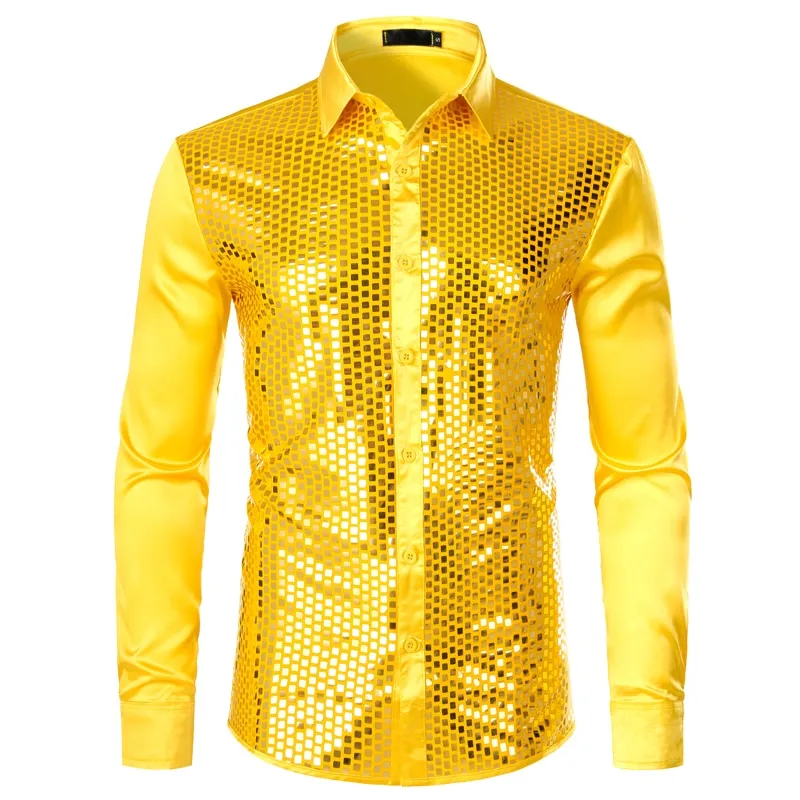 Lakis Gold Men Sequin Black Silk Dress Shirts