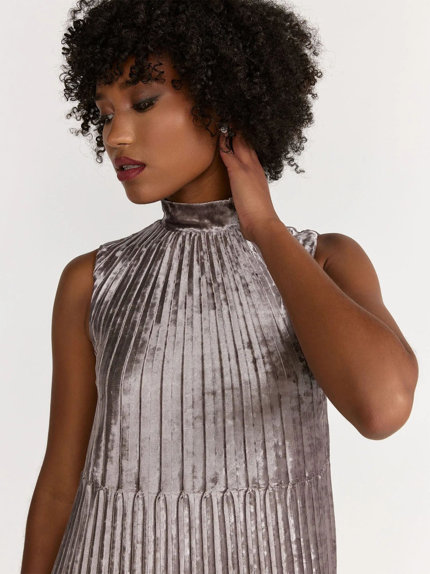 Lena Sleeveless High-Neck Velvet Pleated Maxi Dress - Brands We Love