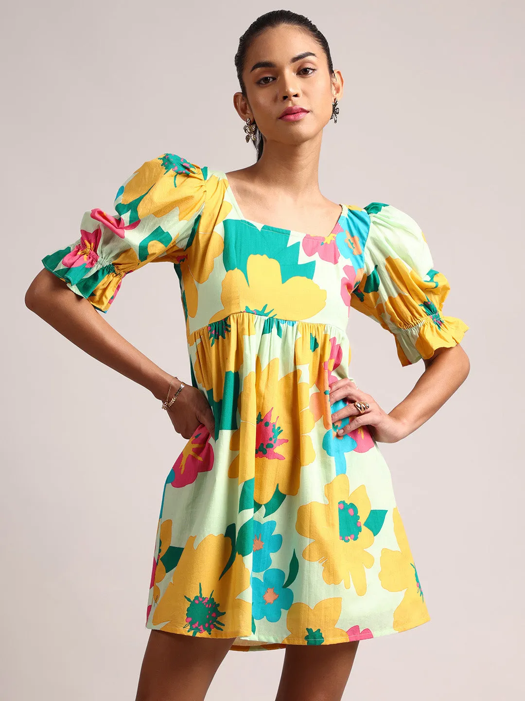 Light Green Cotton Floral Fit & Flare Dress