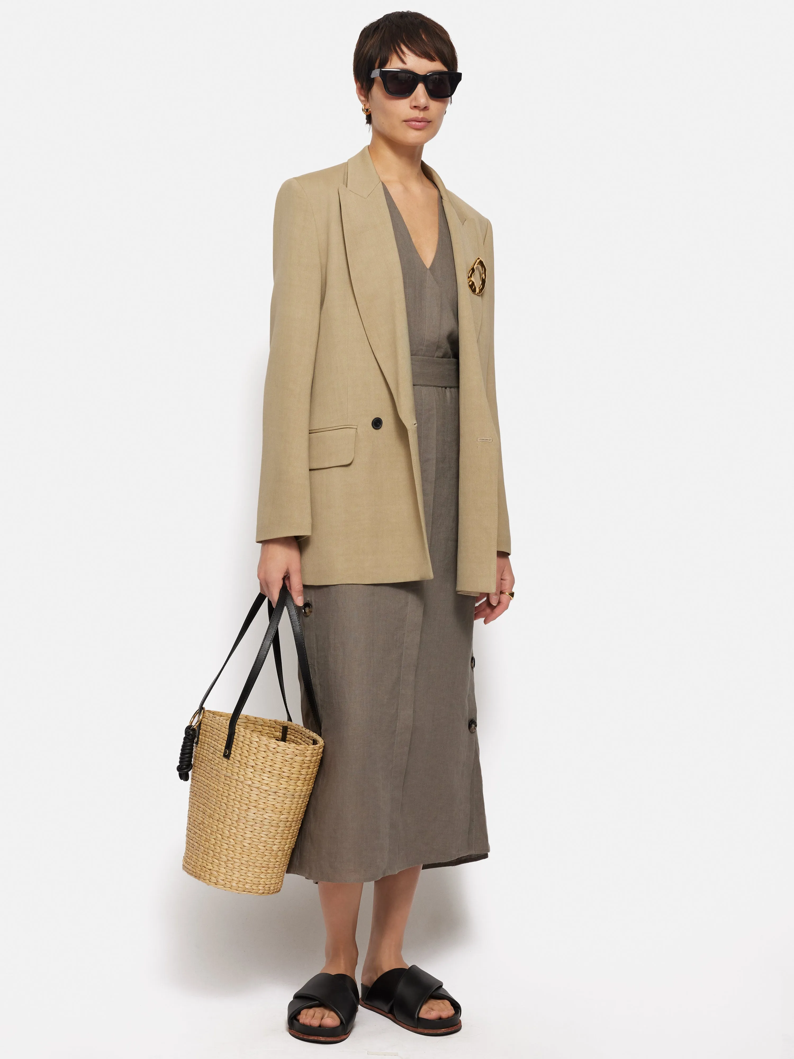 Linen Button Detail Dress | Taupe