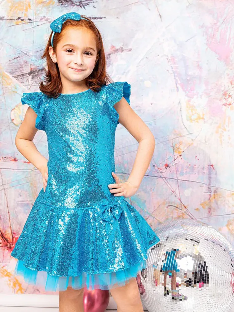 Little Girls Aqua Sequin Ruffle Tutu Flower Girl Dress 2-6