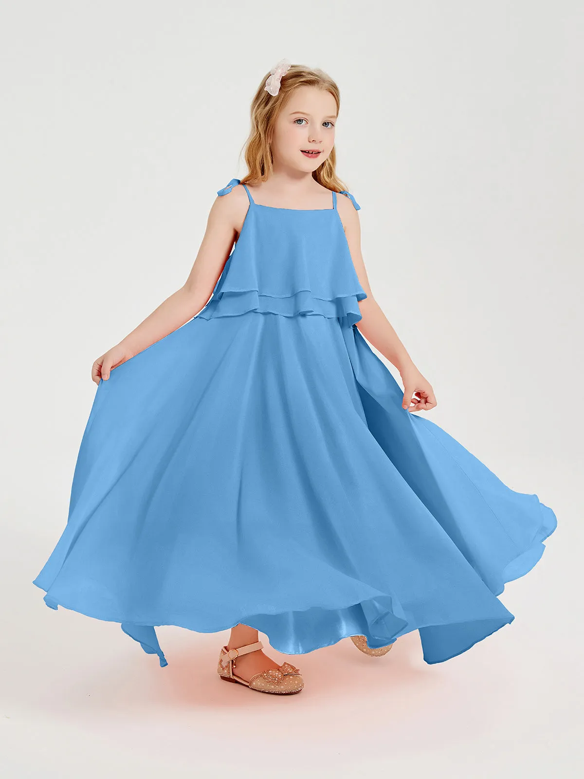 Long Chiffon Junior Bridesmaid Dresses Bowknot Spaghetti Straps Blue
