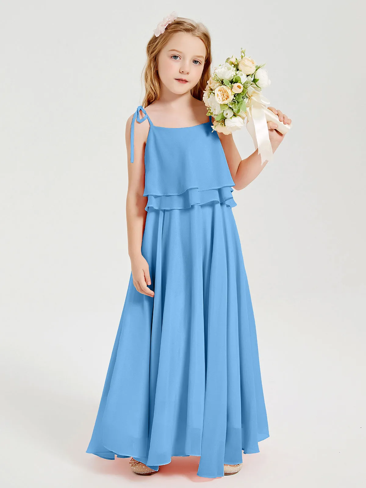 Long Chiffon Junior Bridesmaid Dresses Bowknot Spaghetti Straps Blue