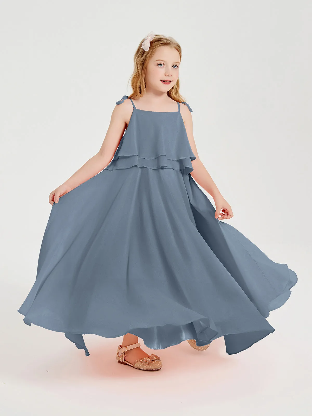 Long Chiffon Junior Bridesmaid Dresses Bowknot Spaghetti Straps Dusty Blue