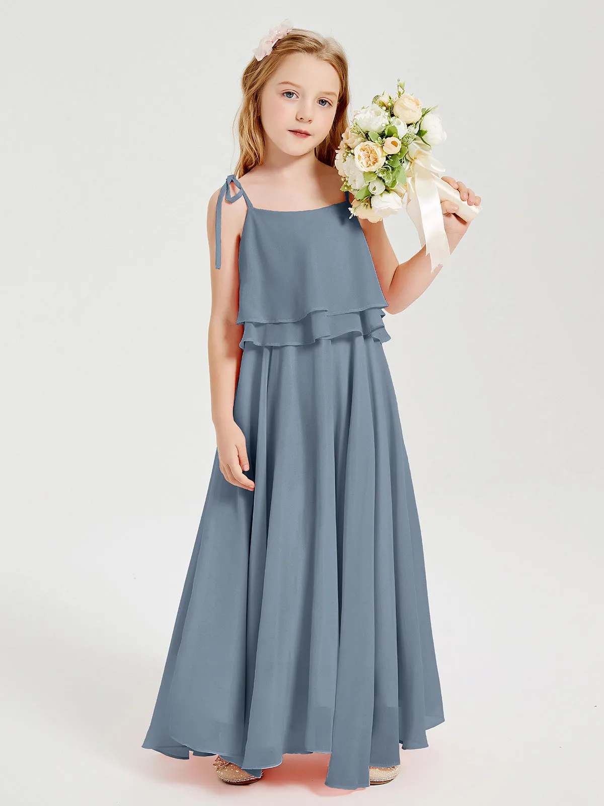 Long Chiffon Junior Bridesmaid Dresses Bowknot Spaghetti Straps Dusty Blue