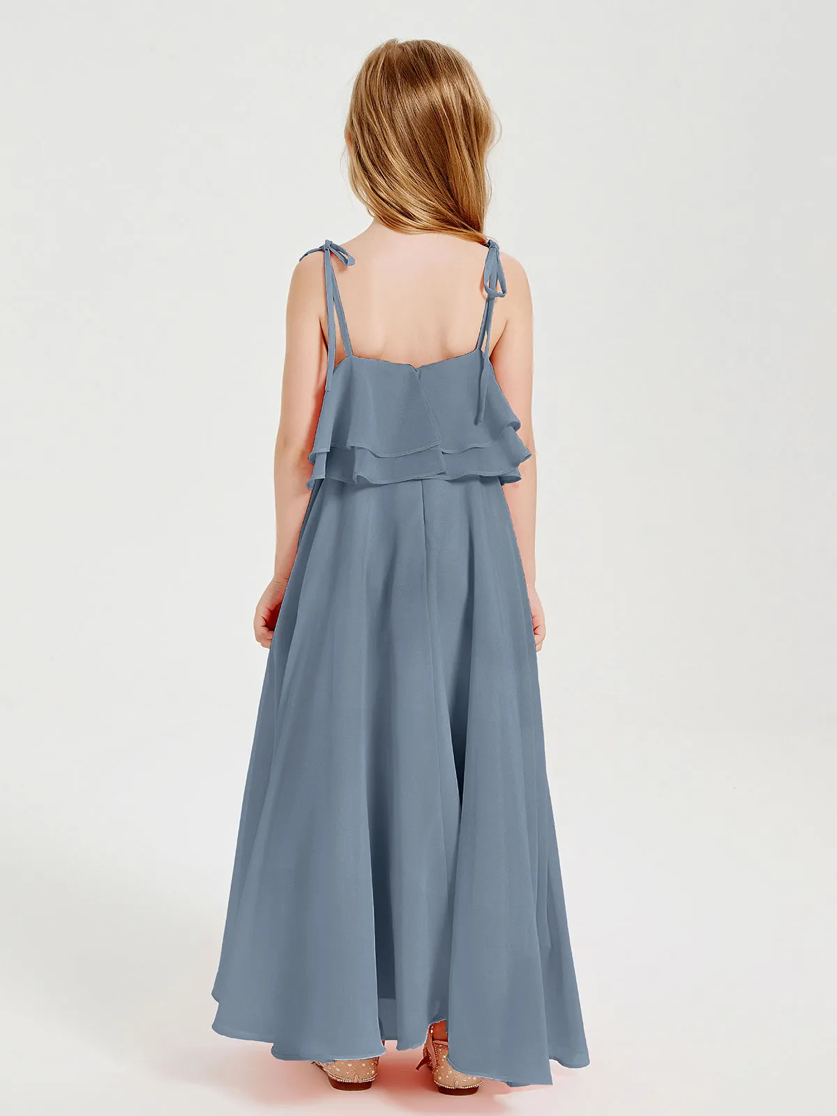 Long Chiffon Junior Bridesmaid Dresses Bowknot Spaghetti Straps Dusty Blue
