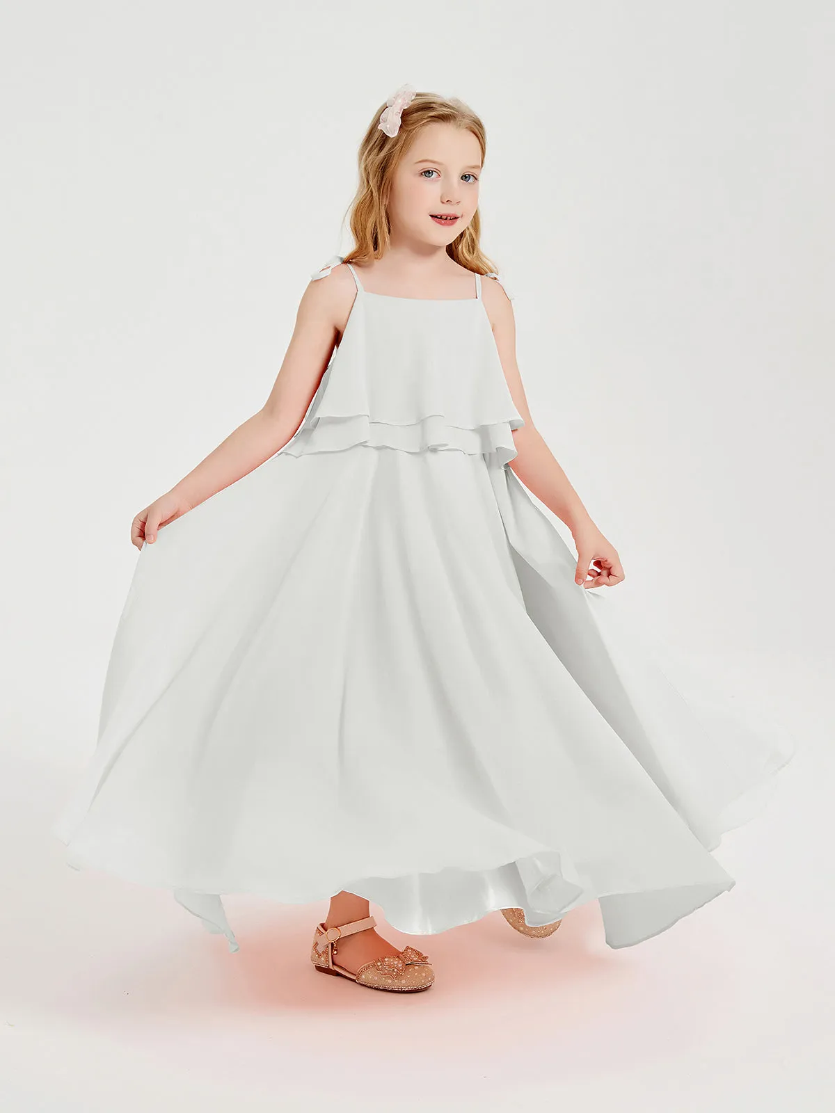 Long Chiffon Junior Bridesmaid Dresses Bowknot Spaghetti Straps Ivory