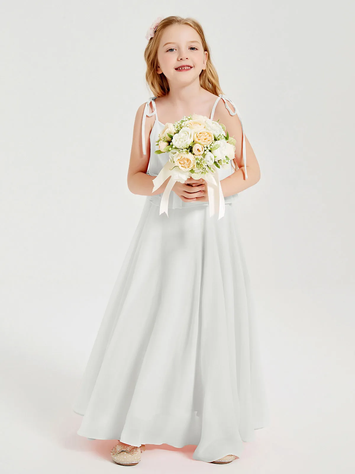 Long Chiffon Junior Bridesmaid Dresses Bowknot Spaghetti Straps Ivory