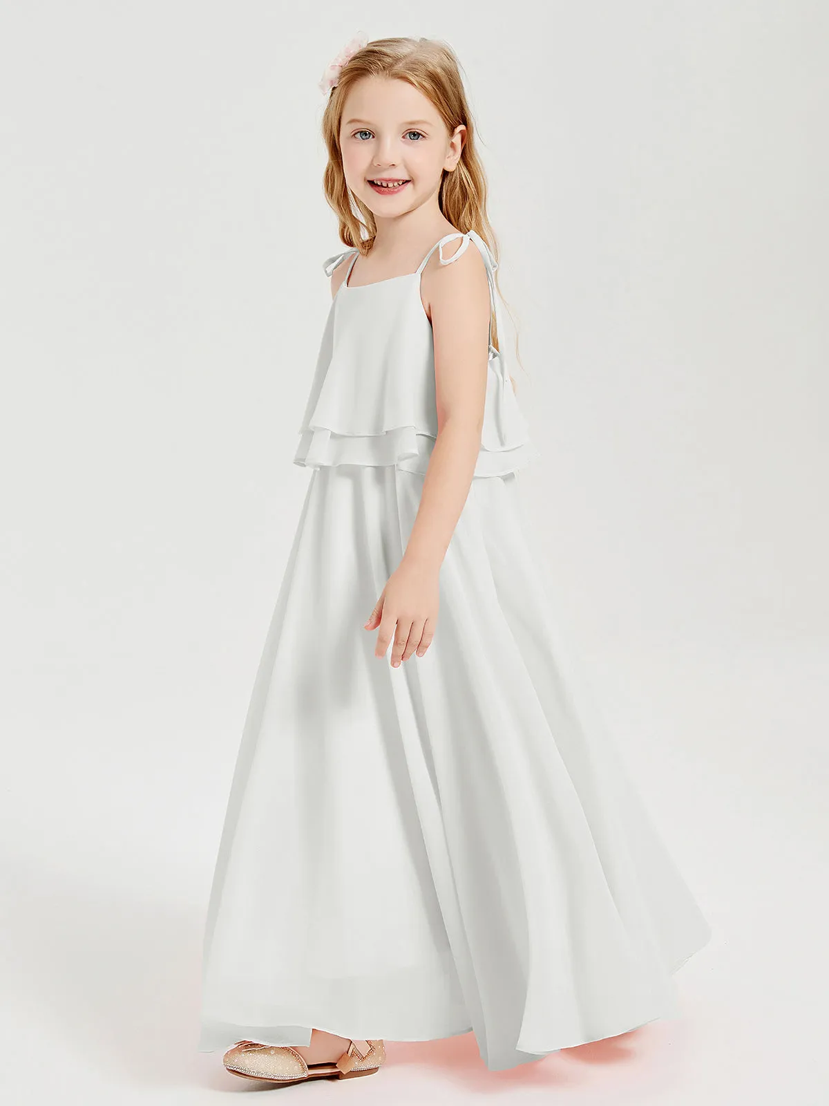 Long Chiffon Junior Bridesmaid Dresses Bowknot Spaghetti Straps Ivory