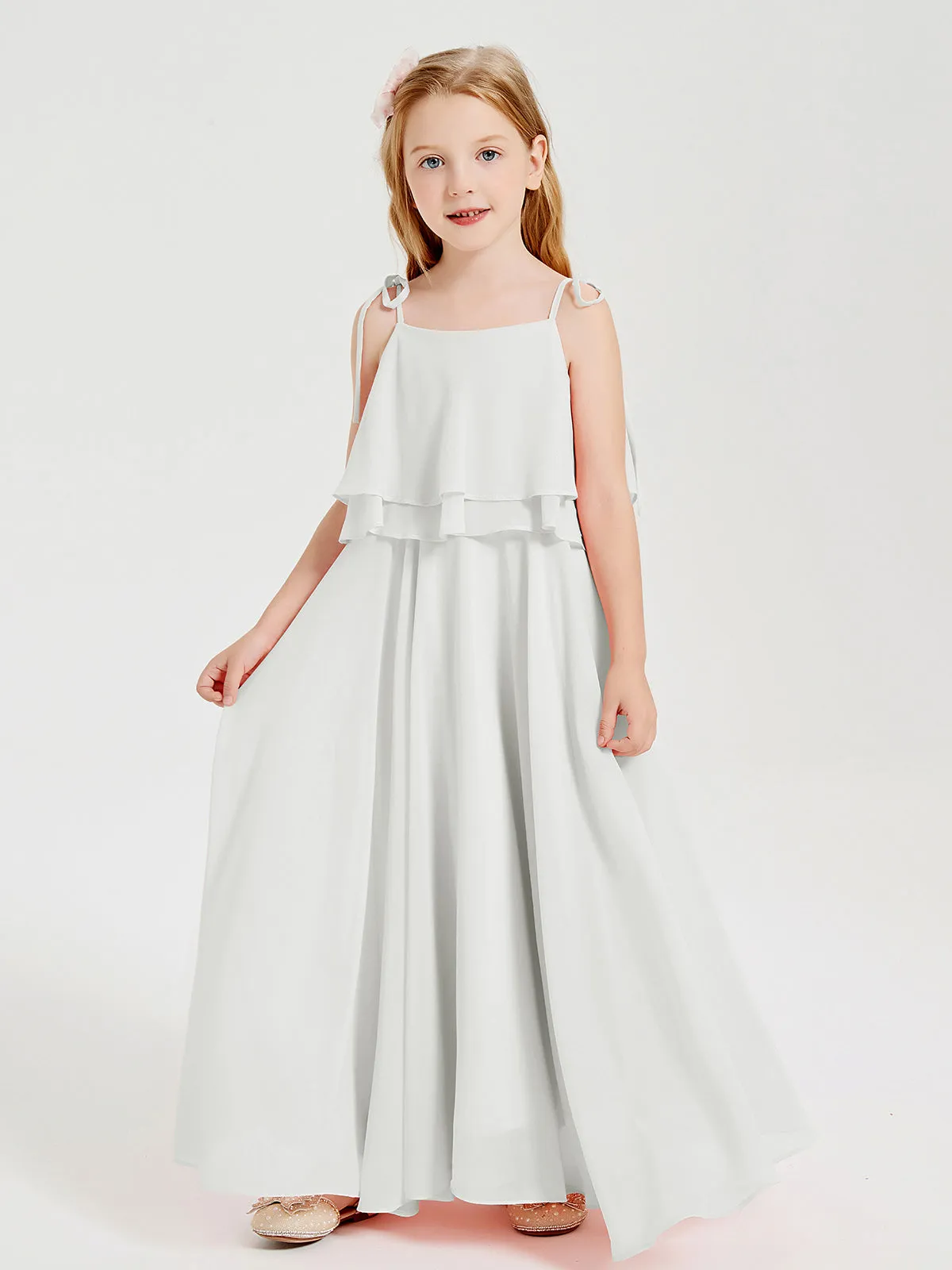 Long Chiffon Junior Bridesmaid Dresses Bowknot Spaghetti Straps Ivory