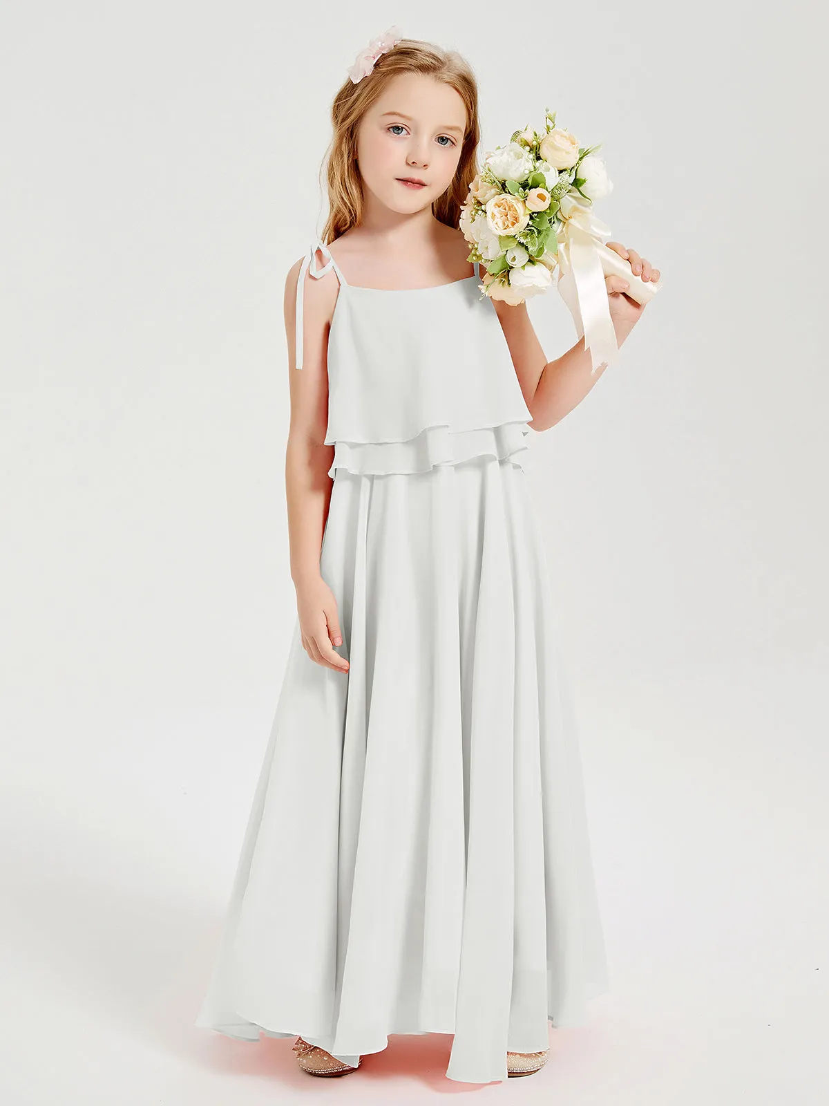 Long Chiffon Junior Bridesmaid Dresses Bowknot Spaghetti Straps Ivory