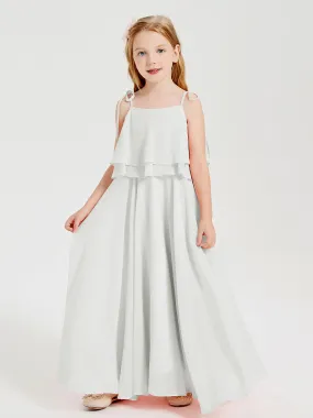 Long Chiffon Junior Bridesmaid Dresses Bowknot Spaghetti Straps Ivory