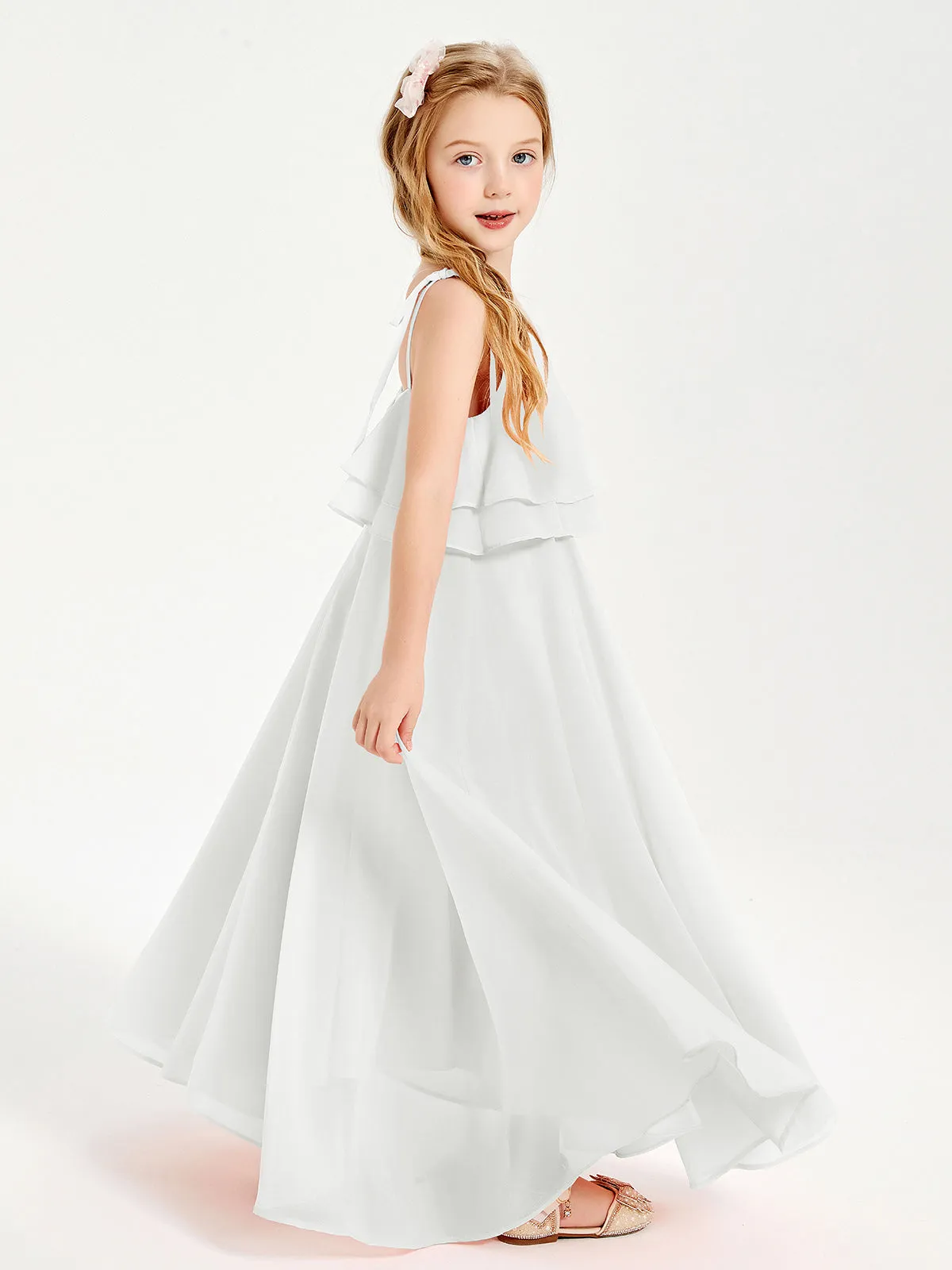 Long Chiffon Junior Bridesmaid Dresses Bowknot Spaghetti Straps Ivory