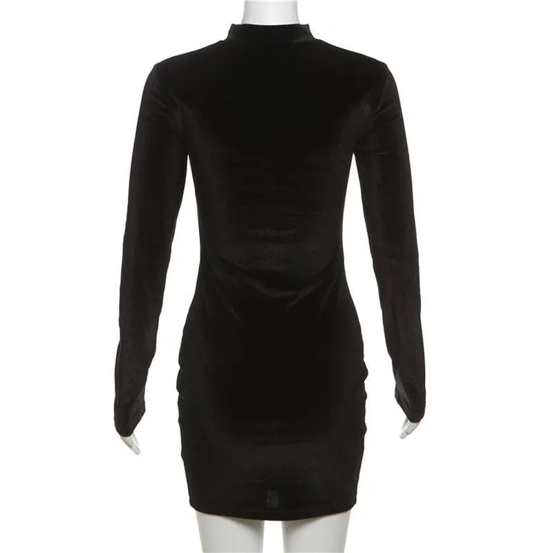 Long sleeve high neck velvet patchwork mesh mini dress