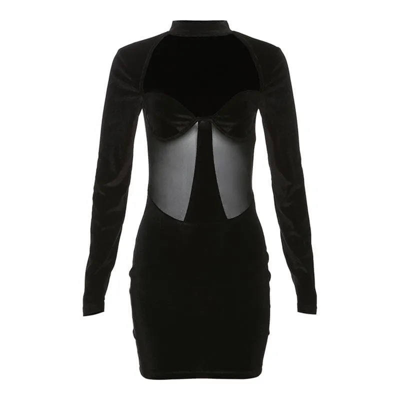 Long sleeve high neck velvet patchwork mesh mini dress