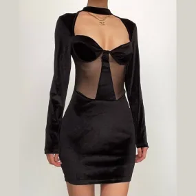 Long sleeve high neck velvet patchwork mesh mini dress