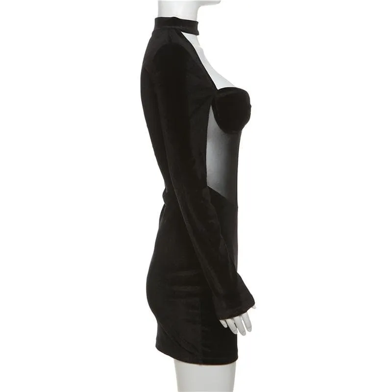 Long sleeve high neck velvet patchwork mesh mini dress