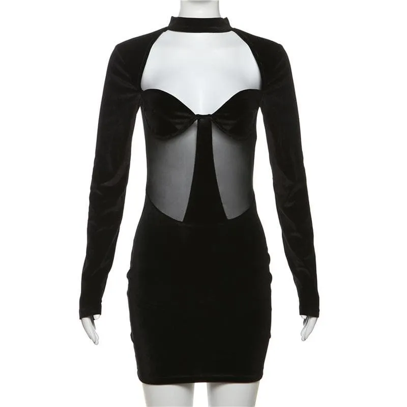 Long sleeve high neck velvet patchwork mesh mini dress