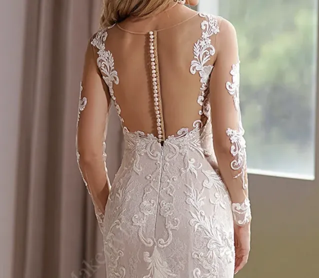 Long Sleeve Lace Appliques Bridal Dress With Illusion Back