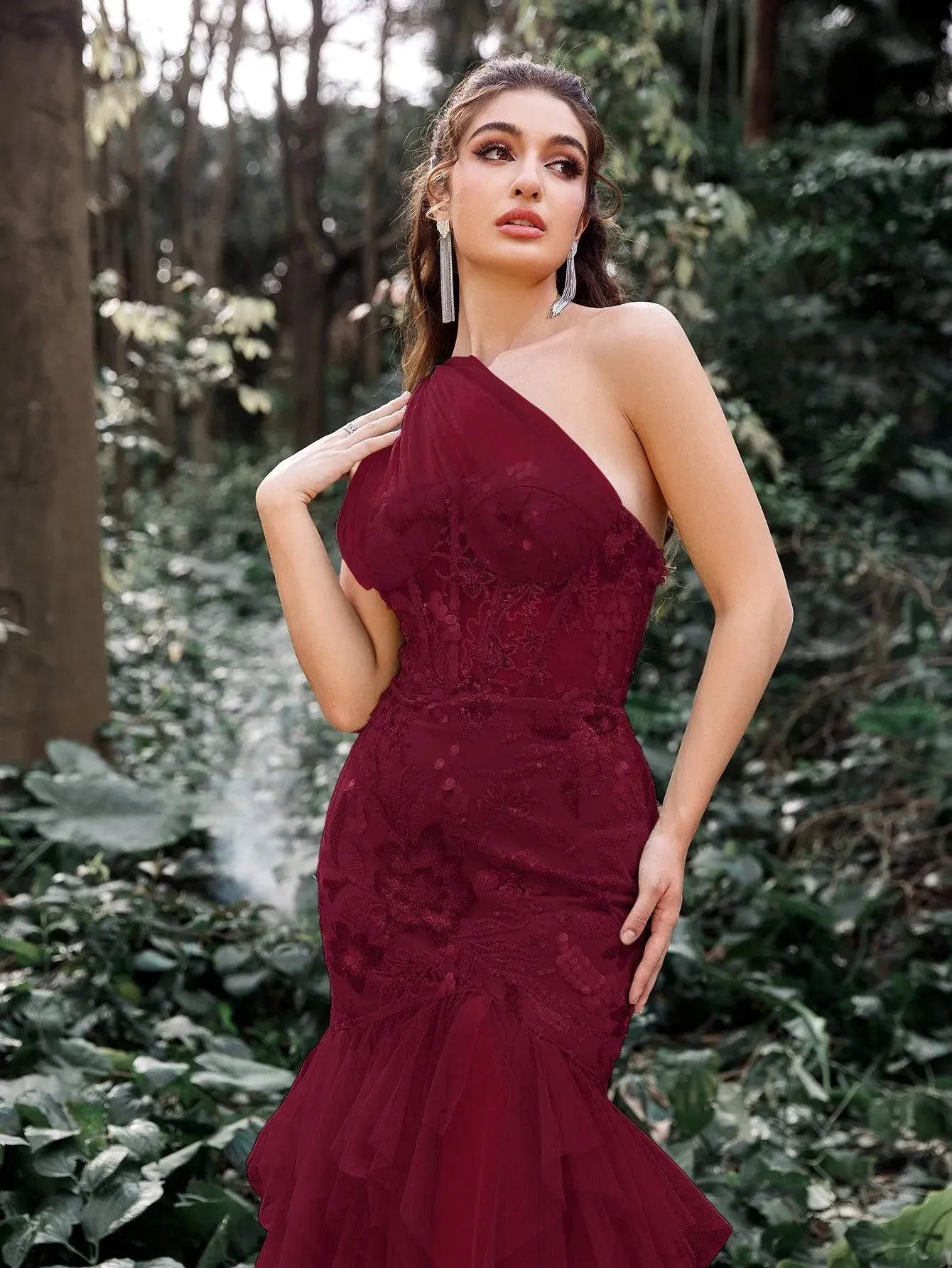 Luxury One Shoulder Tulle Overlay Mermaid Hem Floral Sequin Prom Dress