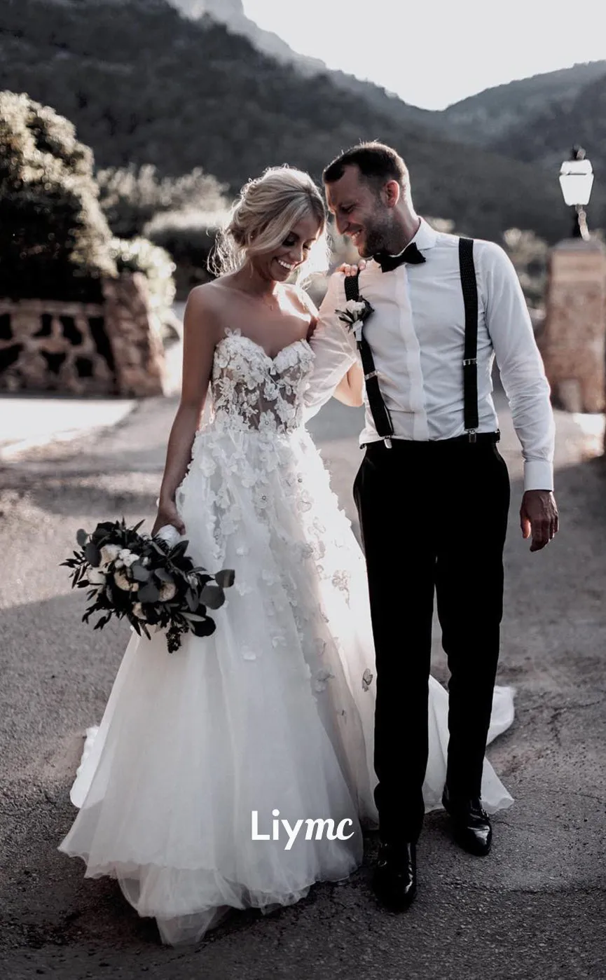 LW033 - A line Sweetheart 3D Lace Appliques Boho Wedding Dress