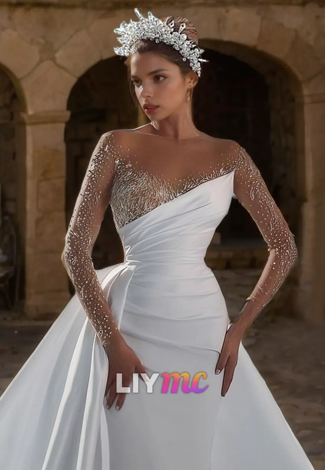 LW136 - Illusion Scoop Long Sleeves Beaded Satin Mermaid Long Wedding Dress