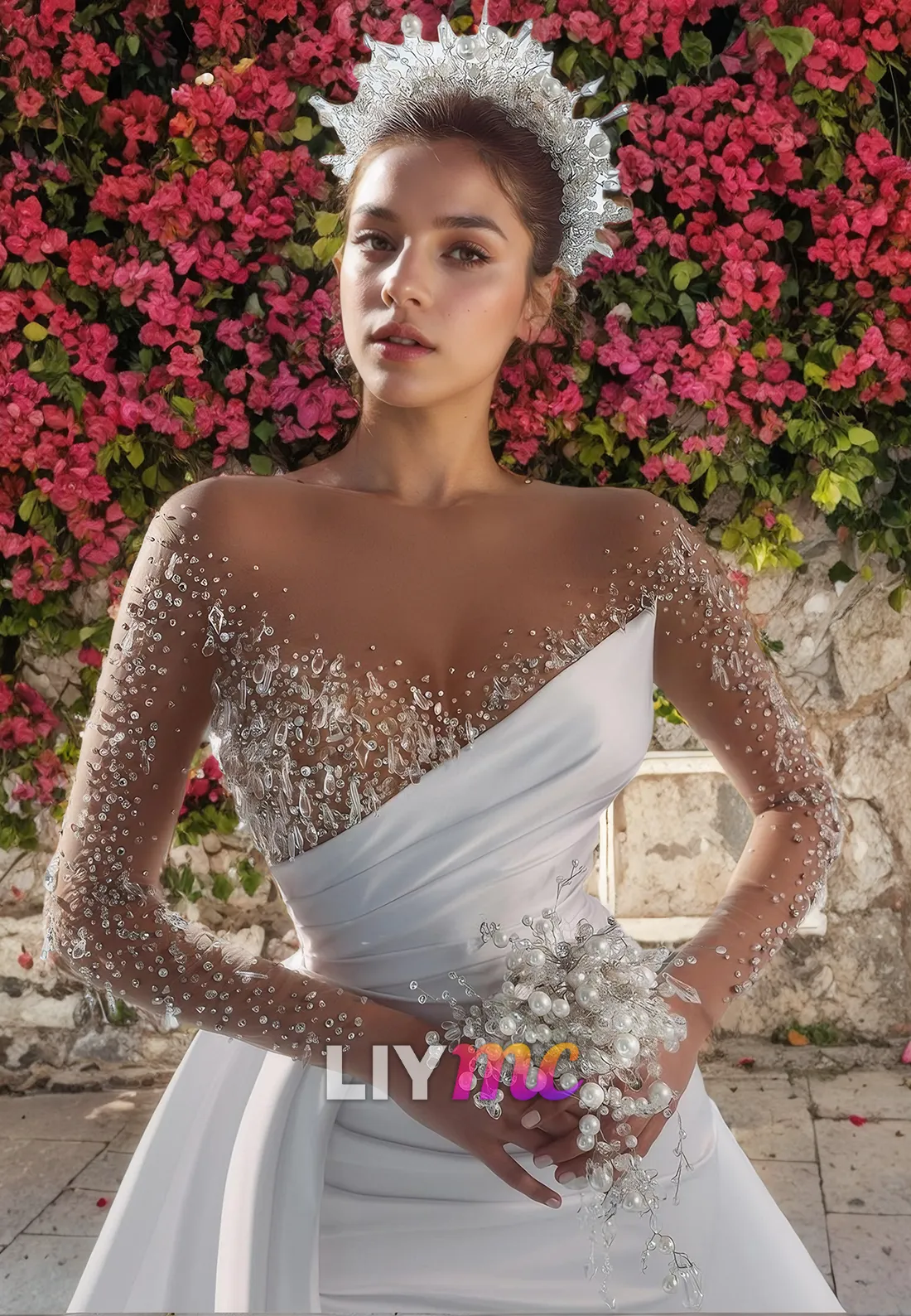 LW136 - Illusion Scoop Long Sleeves Beaded Satin Mermaid Long Wedding Dress