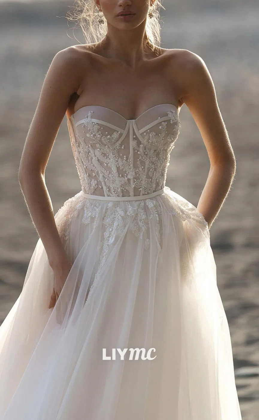 LW855 - Sweetheart Sleeveless Appliques A-Line Tiered Beach Wedding Dress