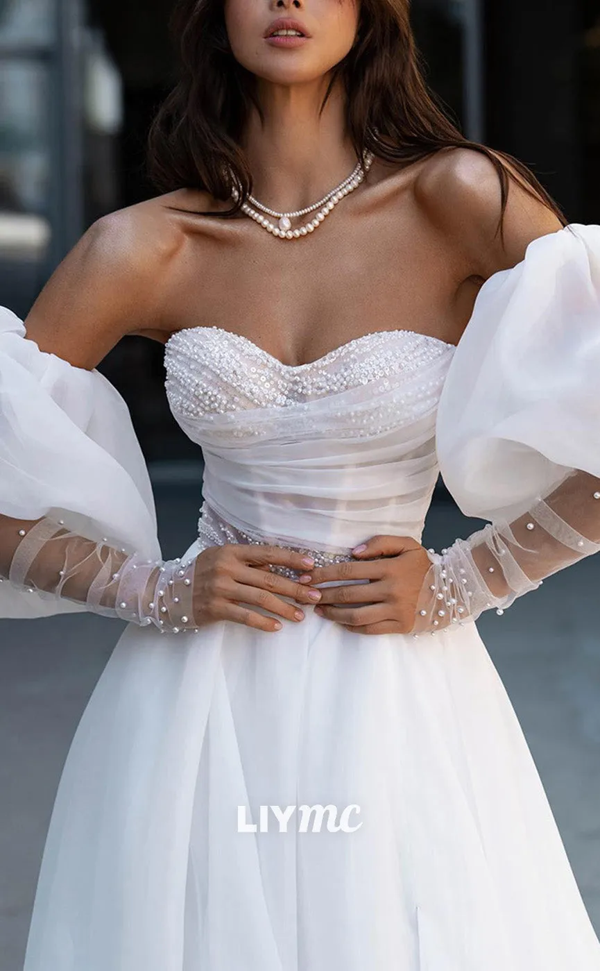 LW856 - Sweetheart Puff Sleeves Side Slit Pearl Beaded A-Line Wedding Dress