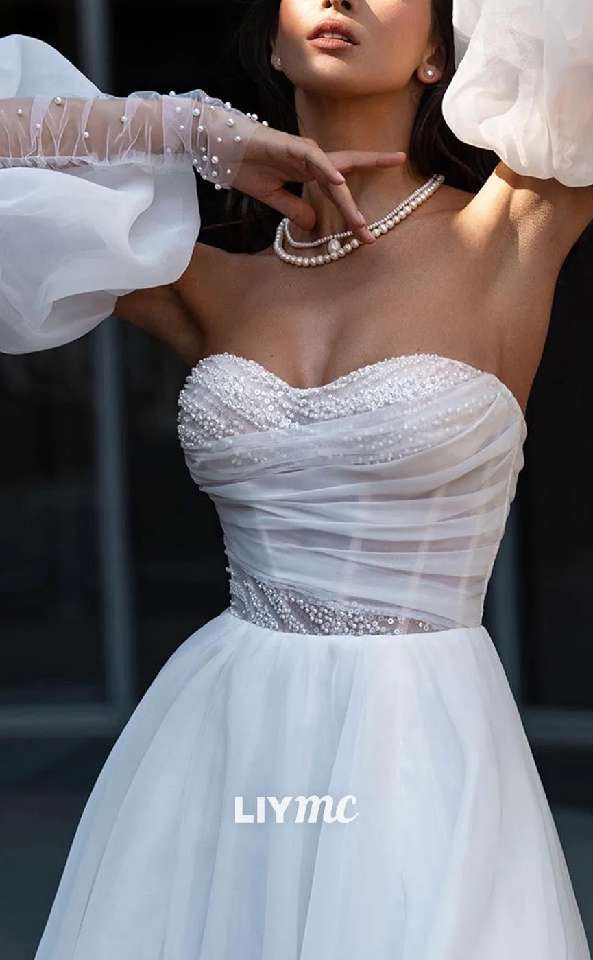 LW856 - Sweetheart Puff Sleeves Side Slit Pearl Beaded A-Line Wedding Dress