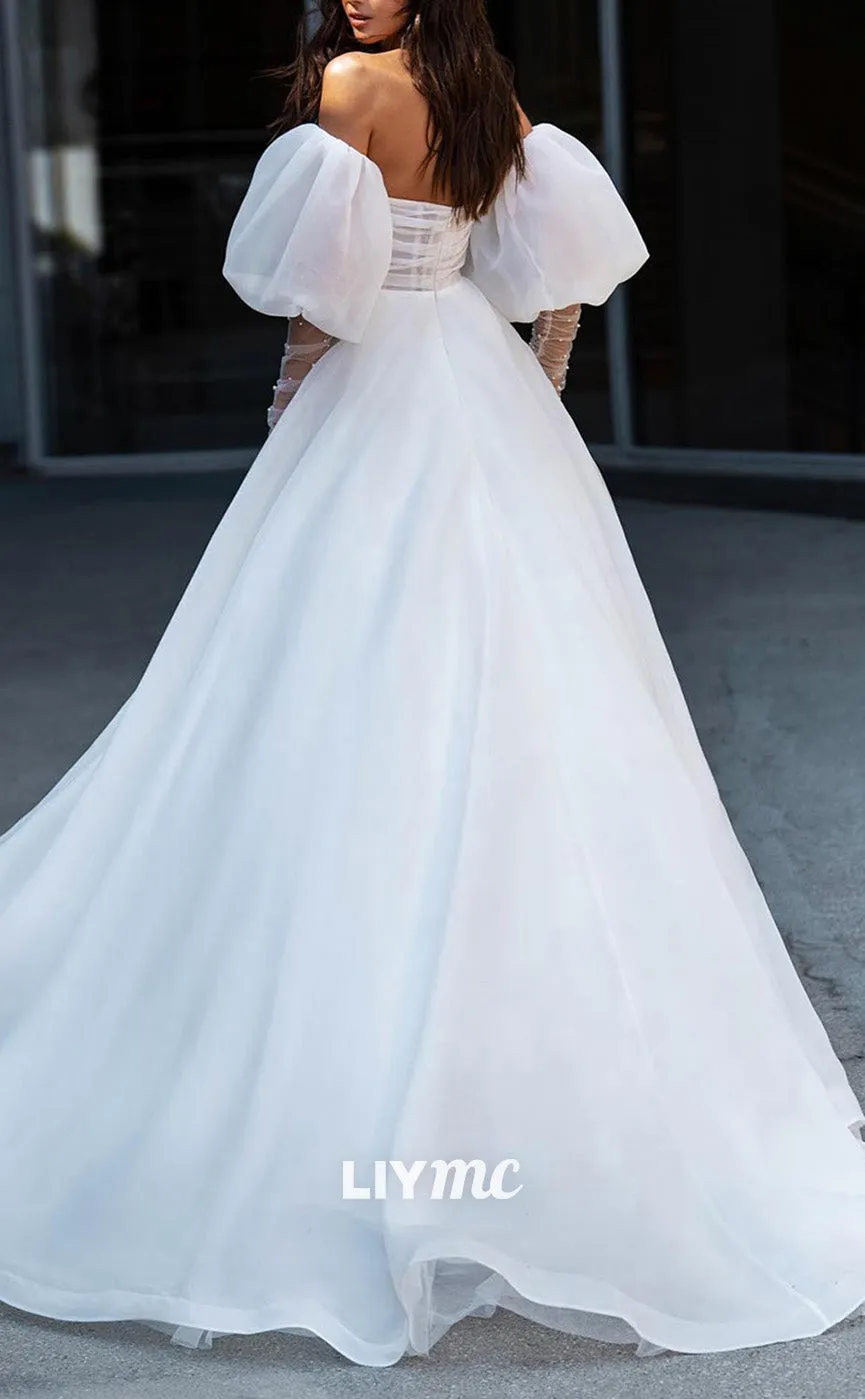 LW856 - Sweetheart Puff Sleeves Side Slit Pearl Beaded A-Line Wedding Dress