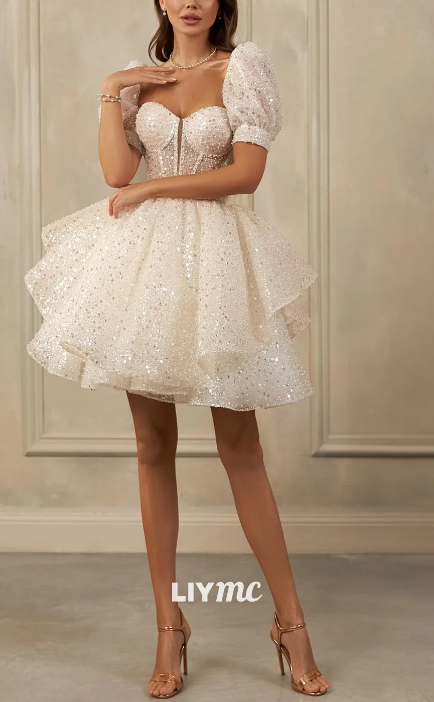 LW952 - Sweetheart Puff Sleeves Sparkly Pleated A-Line Short Beach Wedding Dress