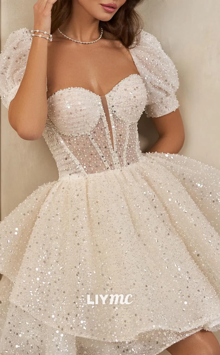 LW952 - Sweetheart Puff Sleeves Sparkly Pleated A-Line Short Beach Wedding Dress