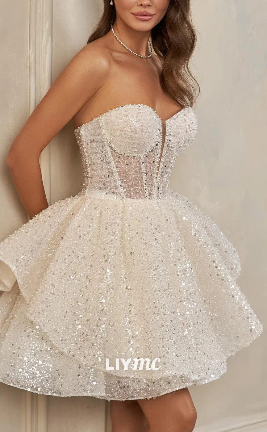 LW952 - Sweetheart Puff Sleeves Sparkly Pleated A-Line Short Beach Wedding Dress
