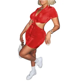 MB FASHION Cut-Out Collared Button-Up Mini Dress with Short Sleeves 5243T