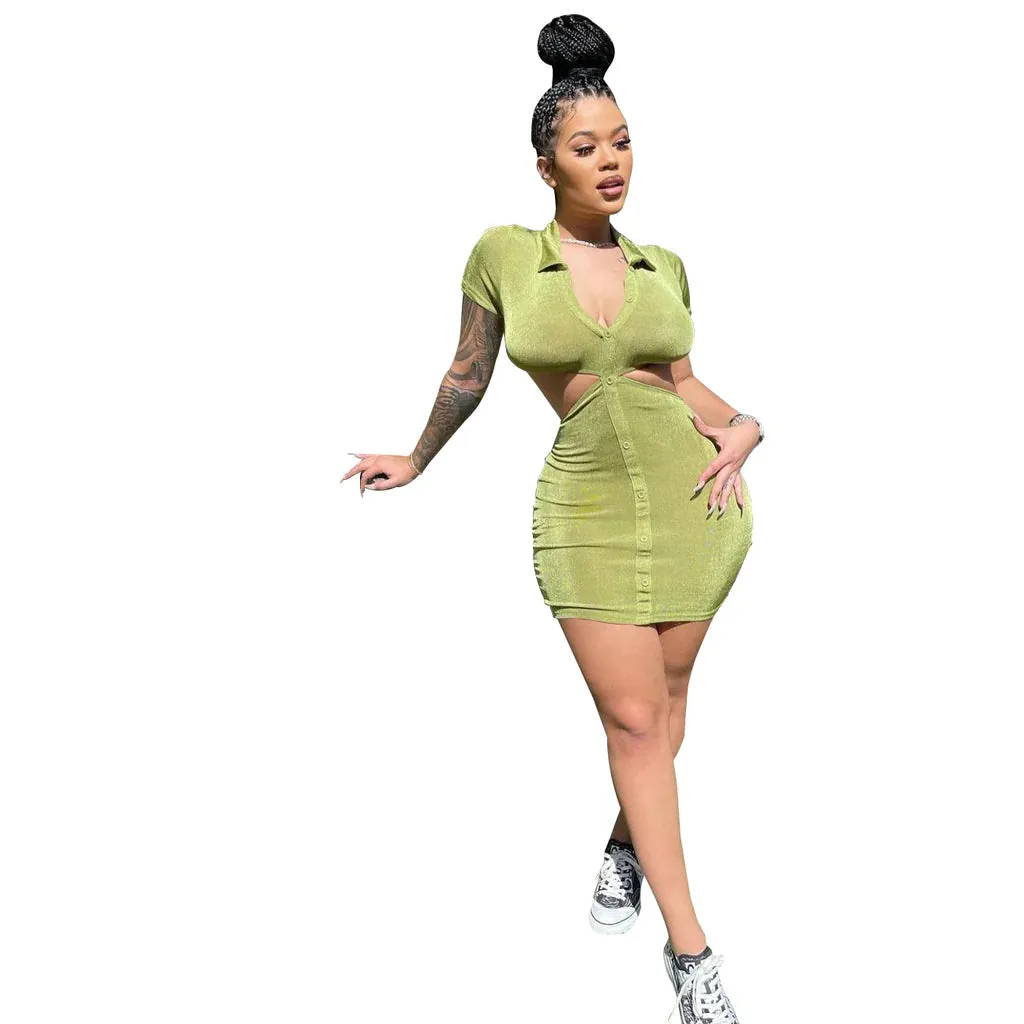 MB FASHION Cut-Out Collared Button-Up Mini Dress with Short Sleeves 5243T