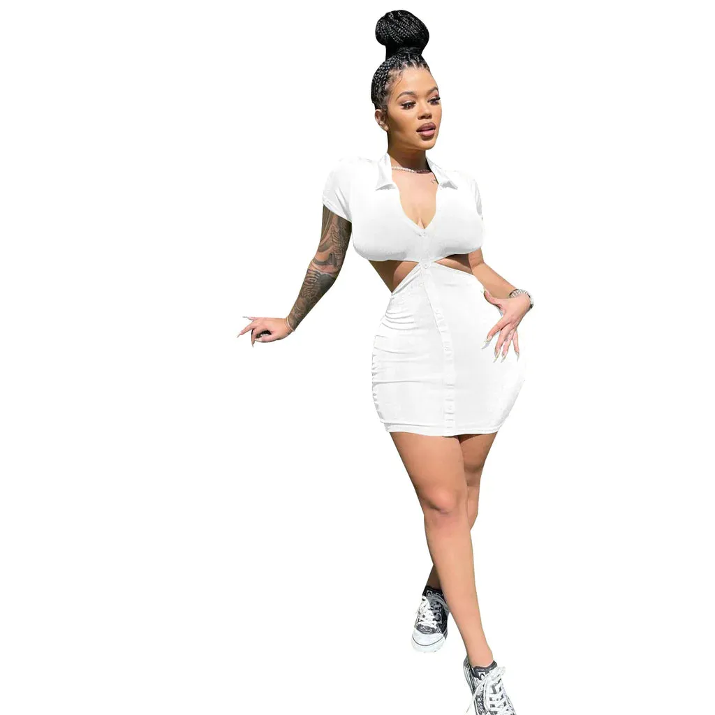 MB FASHION Cut-Out Collared Button-Up Mini Dress with Short Sleeves 5243T